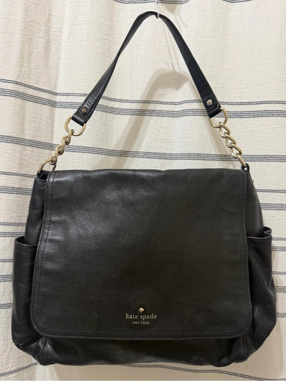 Kate Spade Black Pebbled Leather Flap Shoulder Bag Gold Chain S363 Polka Dot